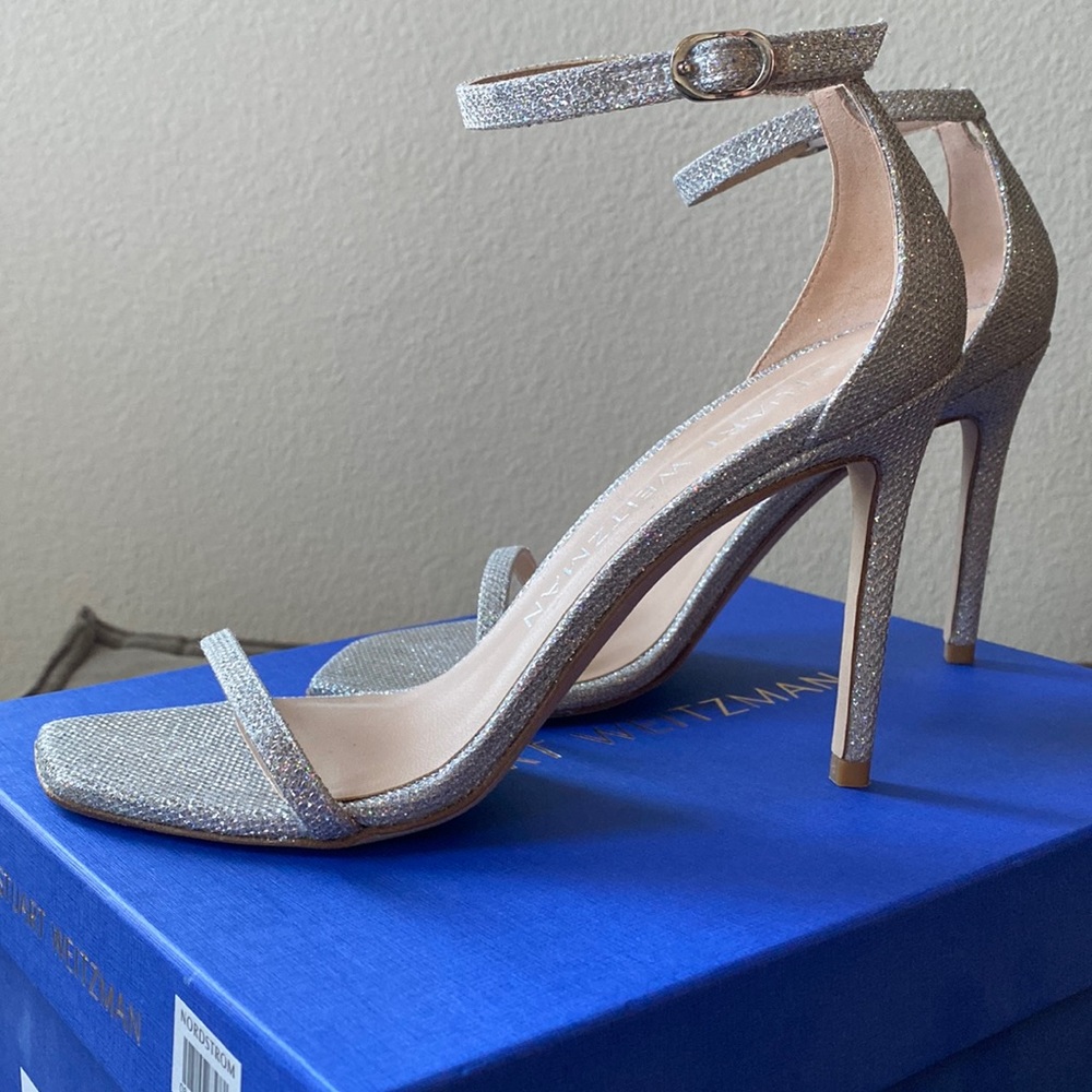 Stuart Weitzman Nudist Curve Crystal Strappy Heel